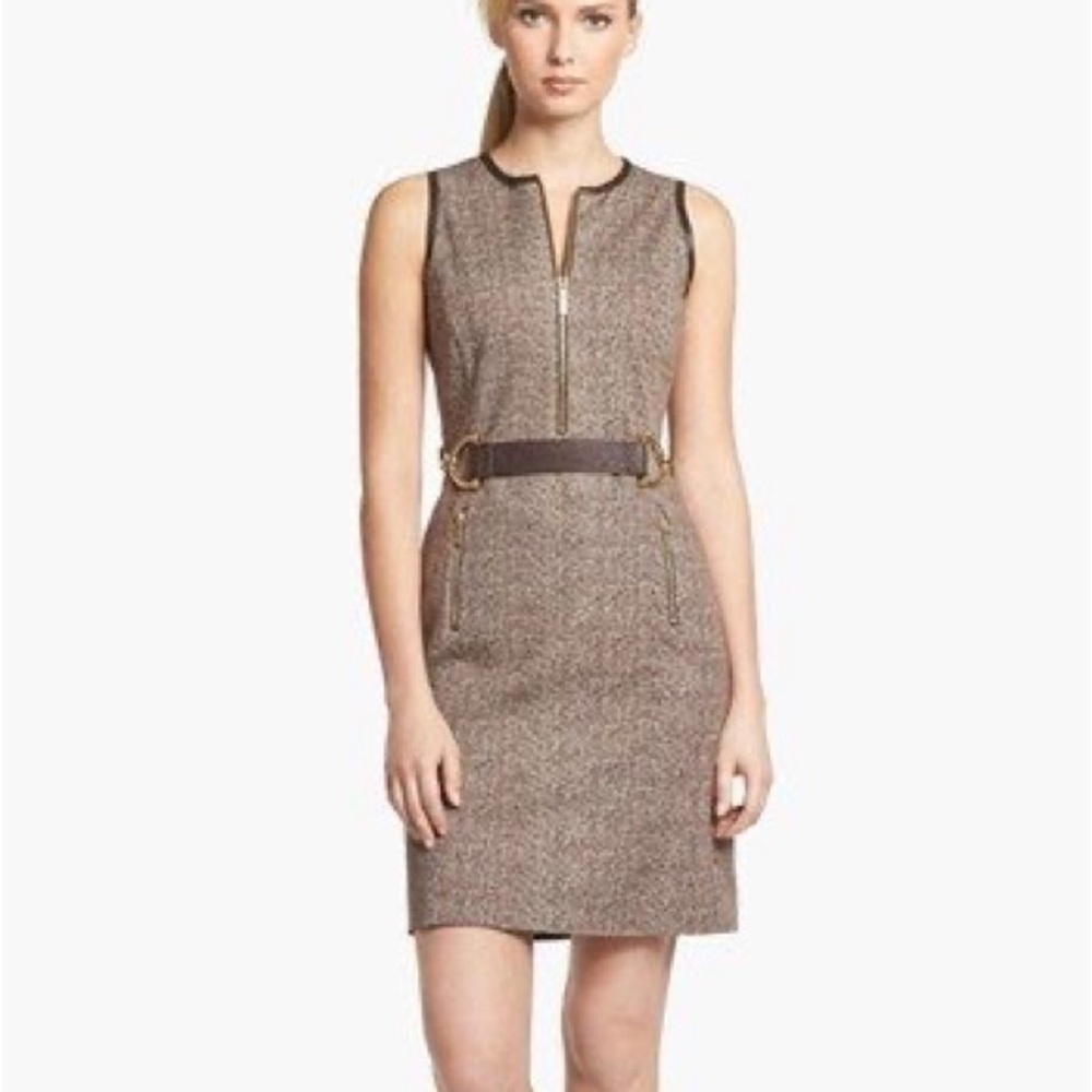 Michael Kors Brown Herring Bone Leather Belt Dress
